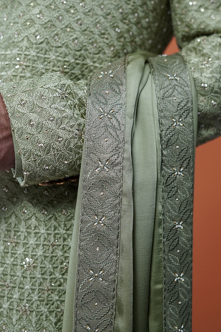 Olive Green Silk Beadwork Groom Sherwani Set by Philocaly at Pernia's Pop Up Shop