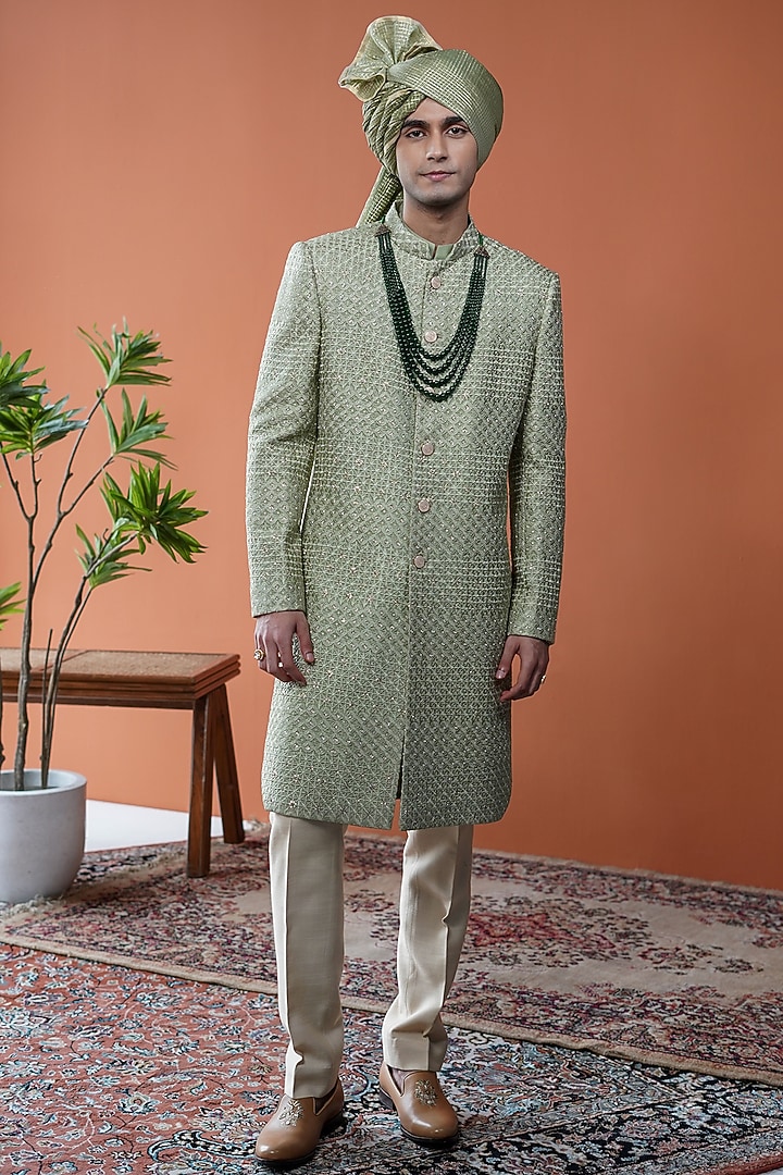Olive Green Silk Beadwork Groom Sherwani Set by Philocaly at Pernia's Pop Up Shop