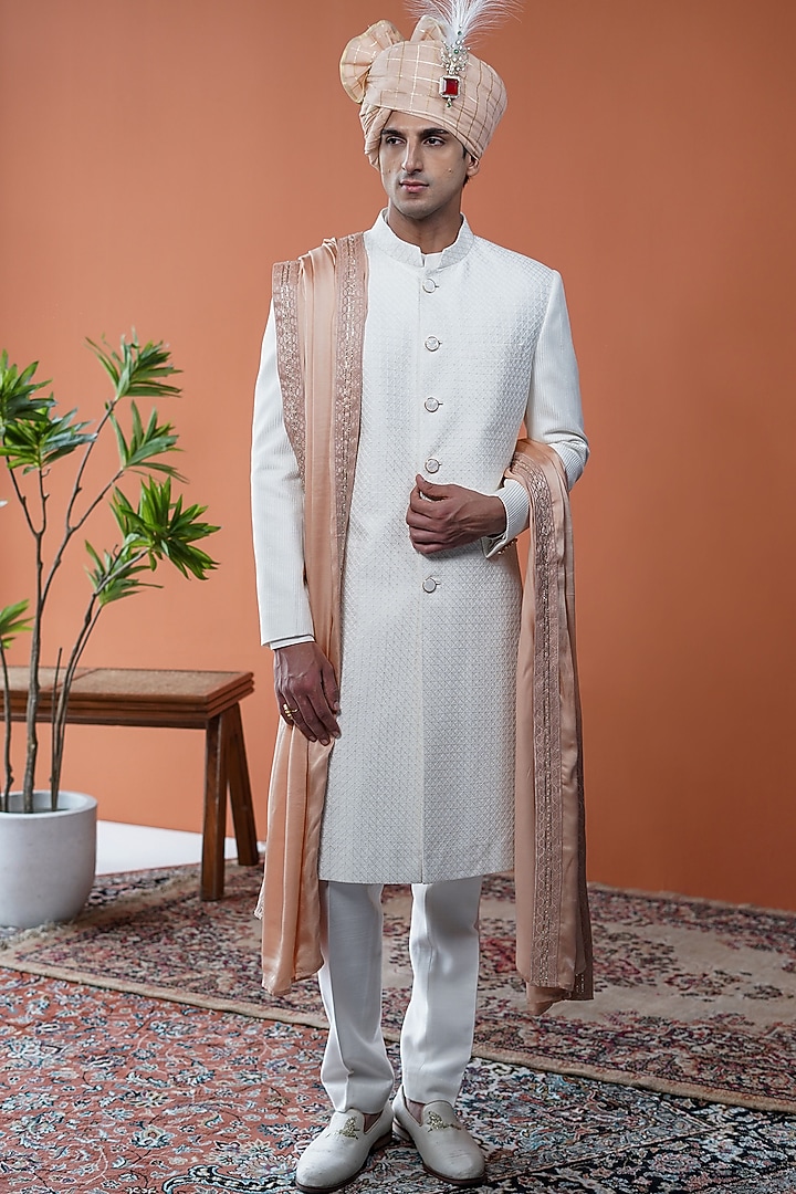 White Silk Blend Sherwani Set by Philocaly