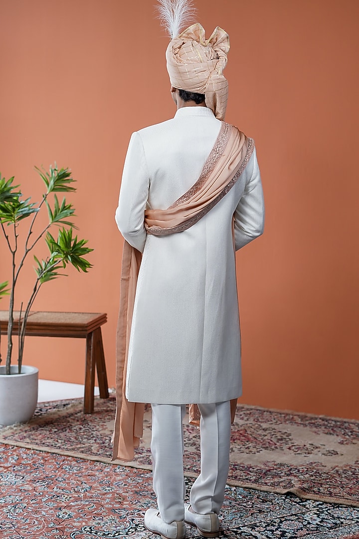 White Silk Blend Groom Sherwani Set by Philocaly at Pernia's Pop Up Shop