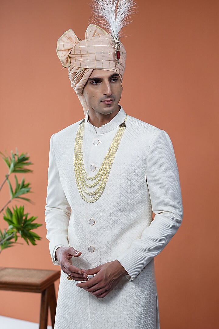 White Silk Blend Groom Sherwani Set by Philocaly at Pernia's Pop Up Shop