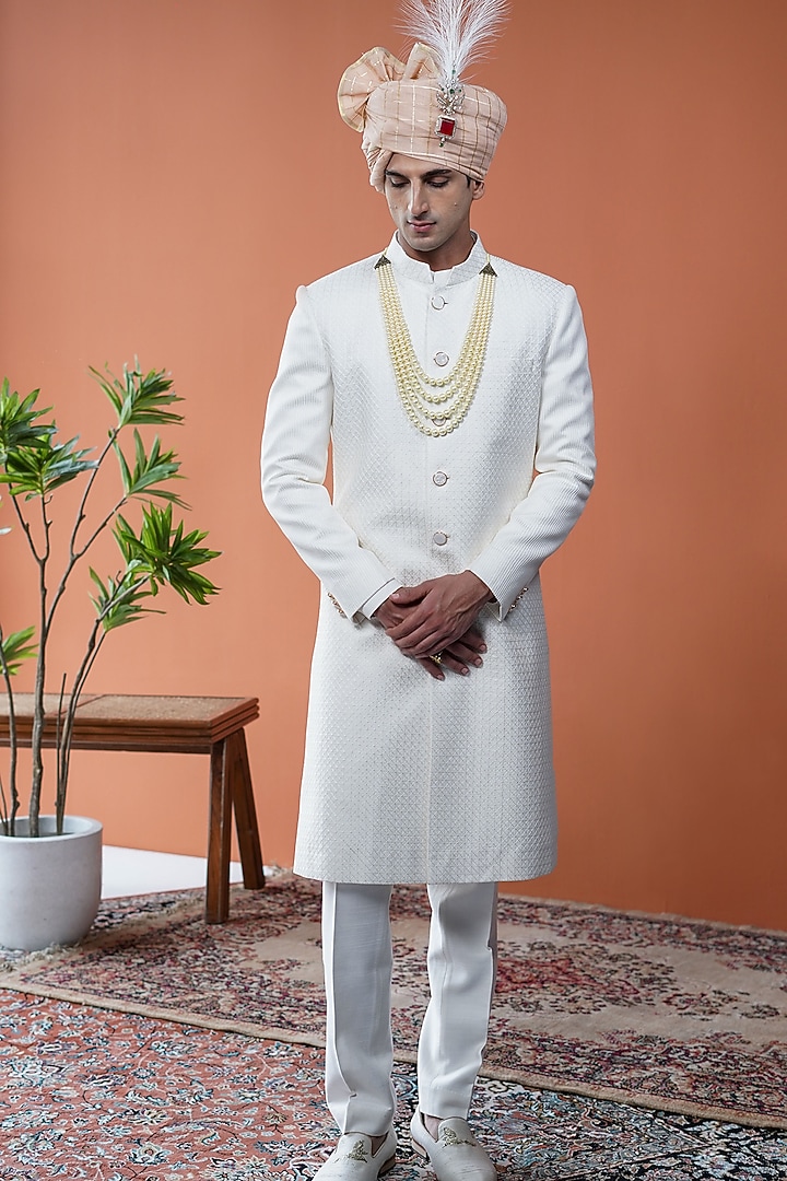 White Silk Blend Groom Sherwani Set by Philocaly at Pernia's Pop Up Shop