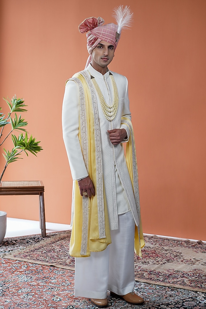 White Cotton Silk Embroidered Sherwani Set by Philocaly
