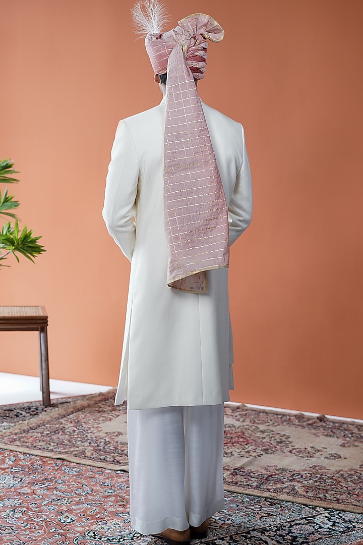 White Cotton Silk Embroidered Groom Sherwani Set by Philocaly at Pernia's Pop Up Shop