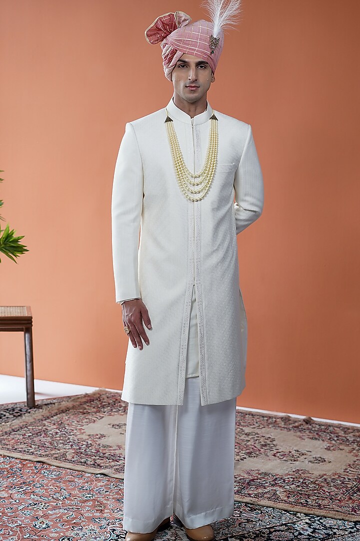 White Cotton Silk Embroidered Groom Sherwani Set by Philocaly at Pernia's Pop Up Shop