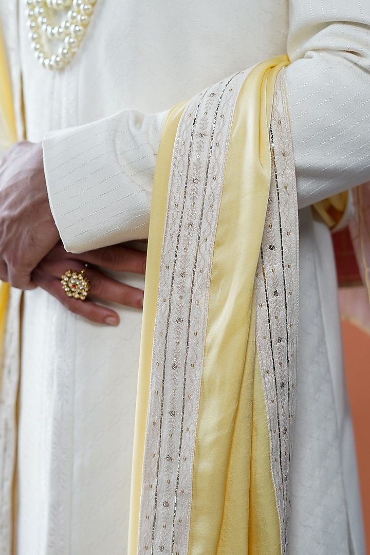 White Cotton Silk Embroidered Groom Sherwani Set by Philocaly at Pernia's Pop Up Shop