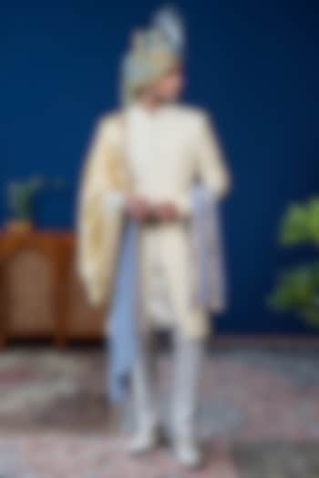 Cream Silk Dabka Embroidered Sherwani Set by Philocaly