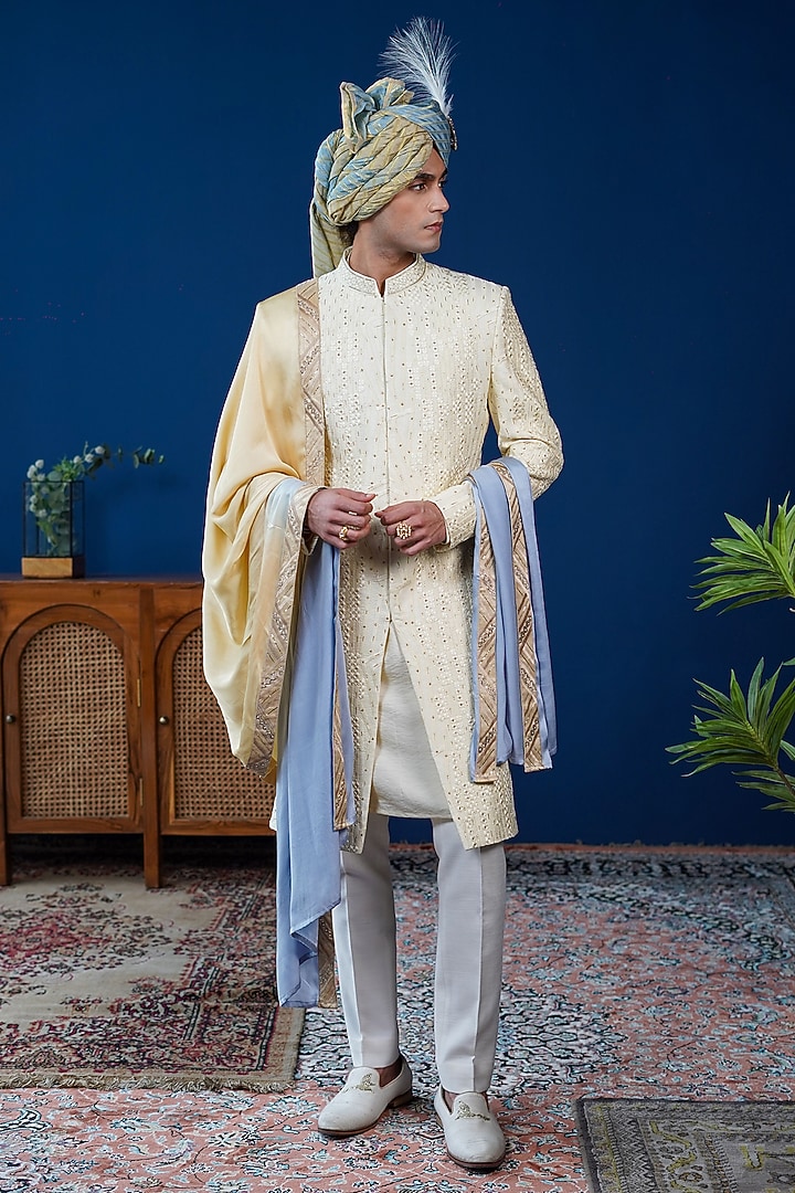 Cream Silk Dabka Embroidered Sherwani Set by Philocaly