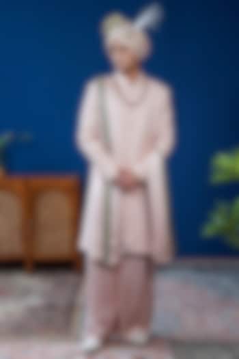 Blush Peach Silk Pitta Embroidered Sherwani Set by Philocaly