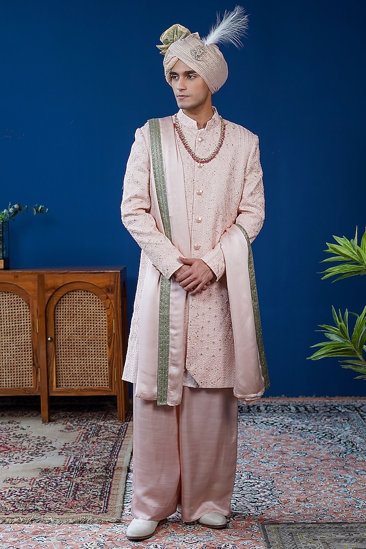 Blush Peach Silk Pitta Embroidered Sherwani Set by Philocaly