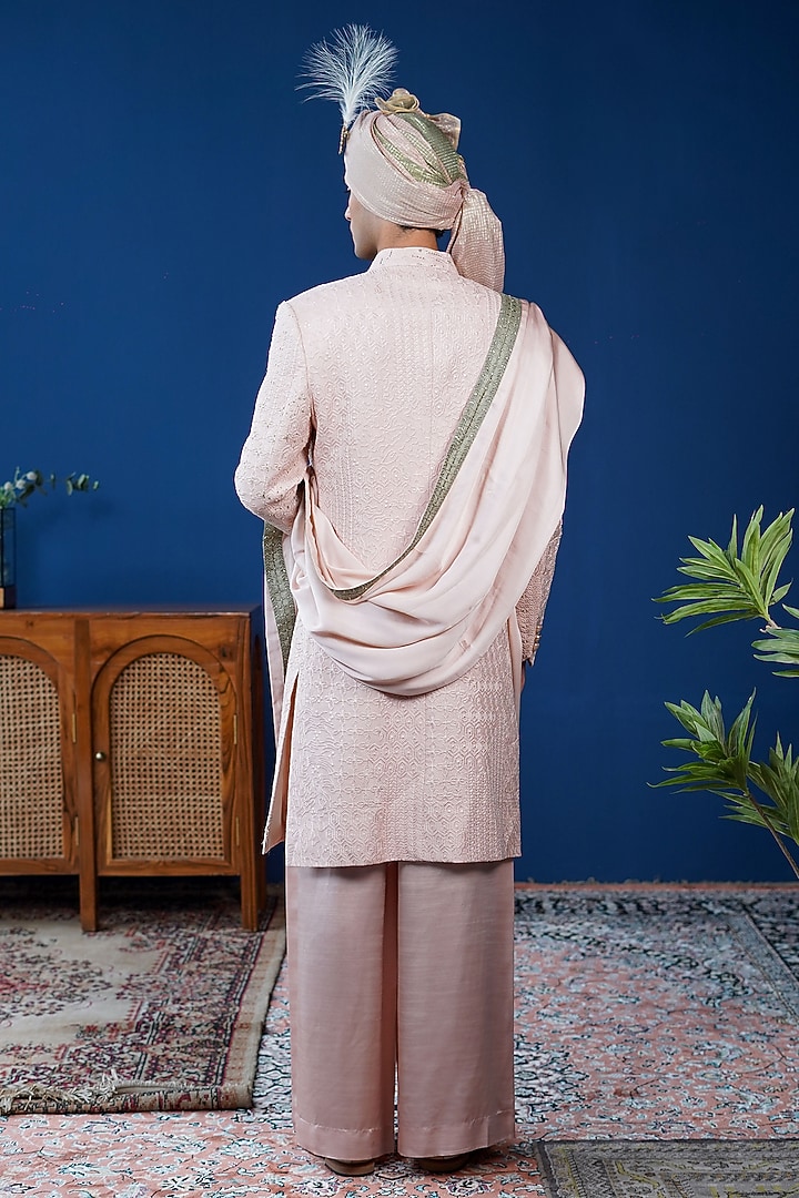 Blush Peach Silk Pitta Embroidered Groom Sherwani Set by Philocaly at Pernia's Pop Up Shop