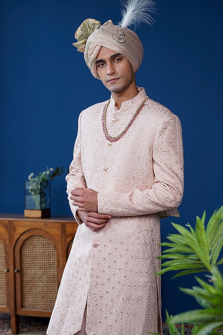 Blush Peach Silk Pitta Embroidered Groom Sherwani Set by Philocaly at Pernia's Pop Up Shop
