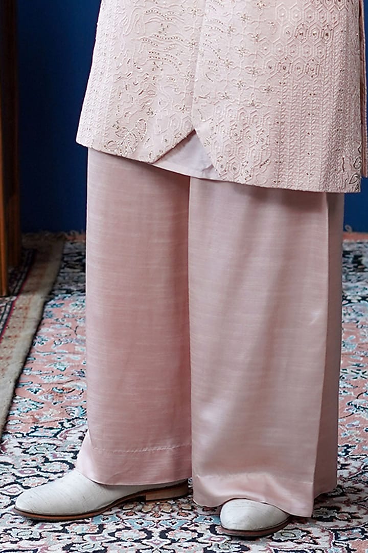 Blush Peach Silk Pitta Embroidered Groom Sherwani Set by Philocaly at Pernia's Pop Up Shop