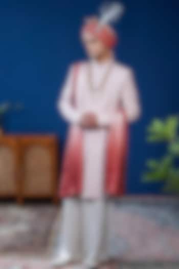 Pink Raw Silk Embroidered Sherwani Set by Philocaly