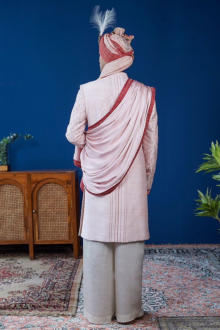 Pink Raw Silk Embroidered Groom Sherwani Set by Philocaly at Pernia's Pop Up Shop