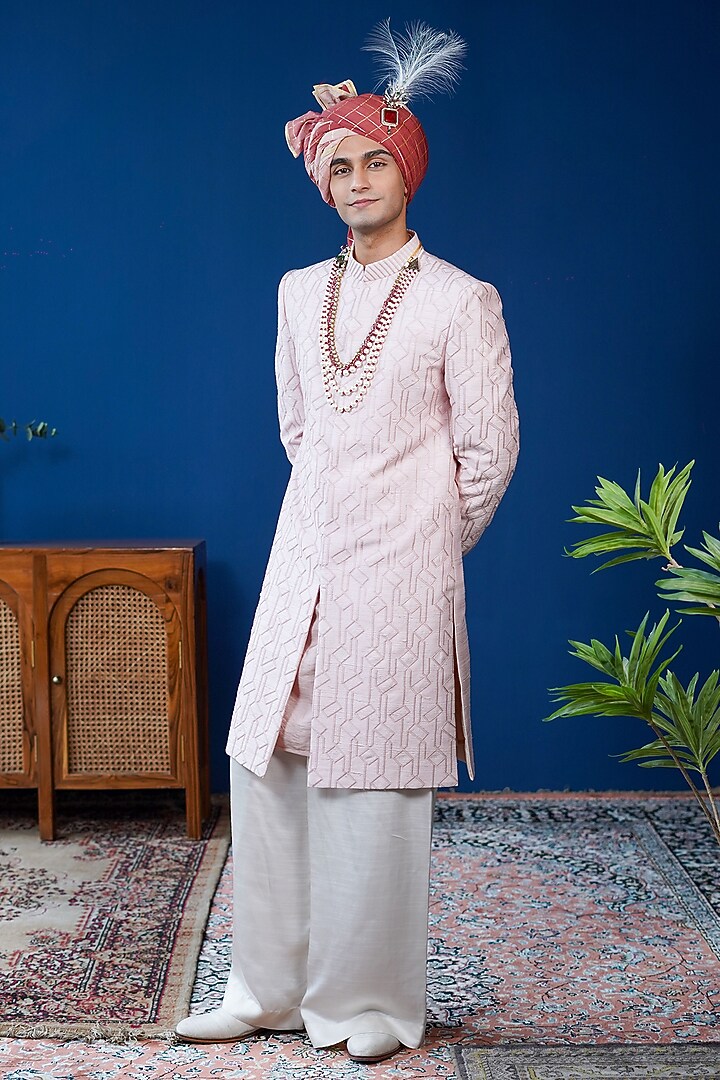 Pink Raw Silk Embroidered Groom Sherwani Set by Philocaly at Pernia's Pop Up Shop