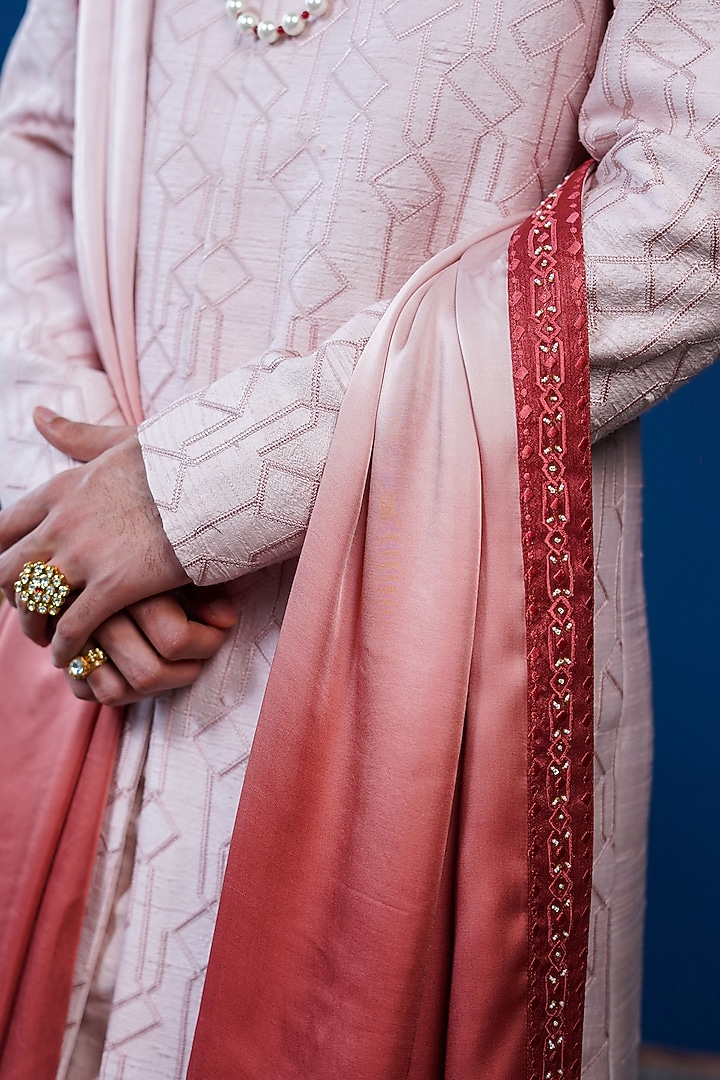 Pink Raw Silk Embroidered Groom Sherwani Set by Philocaly at Pernia's Pop Up Shop