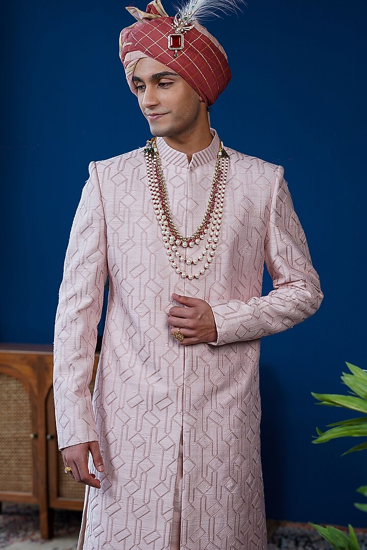 Pink Raw Silk Embroidered Groom Sherwani Set by Philocaly at Pernia's Pop Up Shop