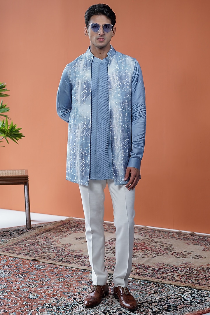 Blue Cotton Tussar Printed Bundi Jacket Set by Philocaly at Pernia's Pop Up Shop