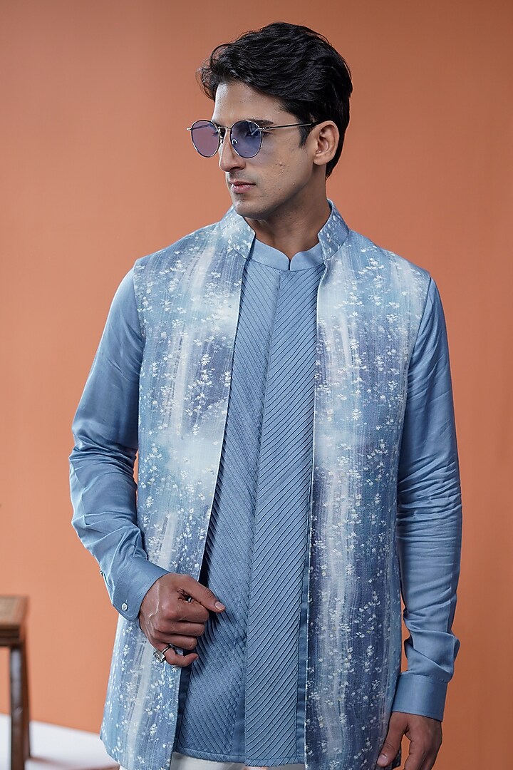 Blue Cotton Tussar Printed Bundi Jacket Set by Philocaly at Pernia's Pop Up Shop