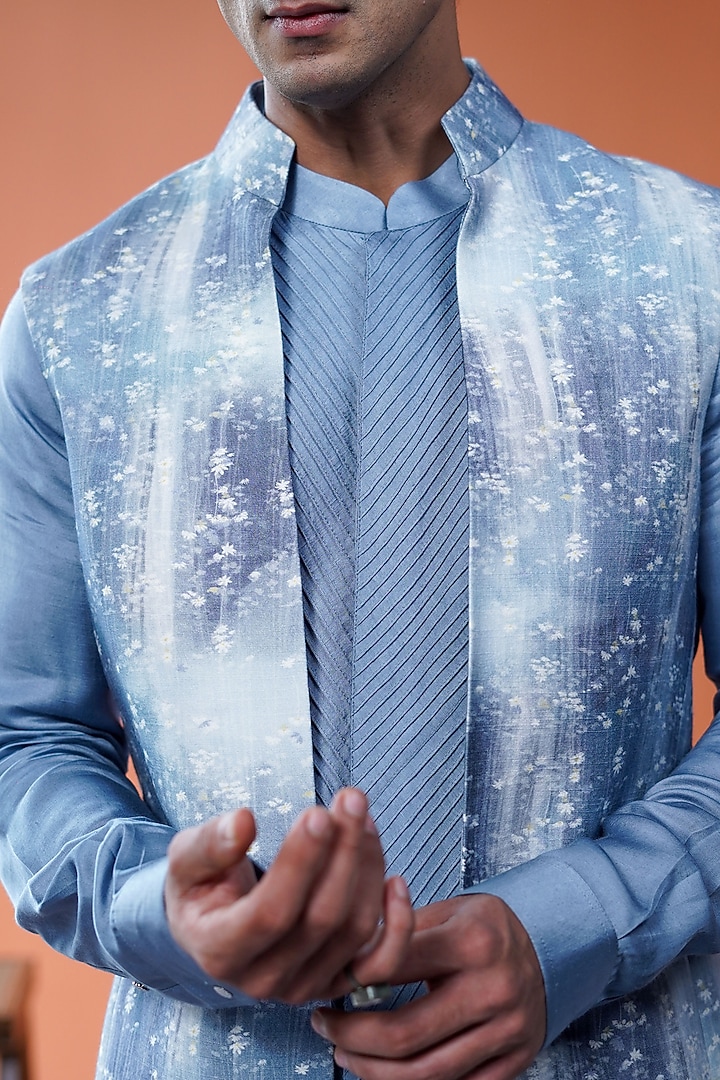 Blue Cotton Tussar Printed Bundi Jacket Set by Philocaly at Pernia's Pop Up Shop