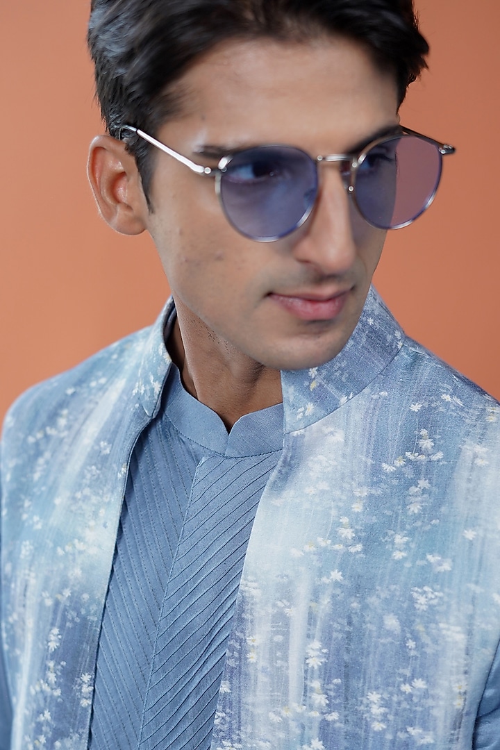 Blue Cotton Tussar Printed Bundi Jacket Set by Philocaly at Pernia's Pop Up Shop