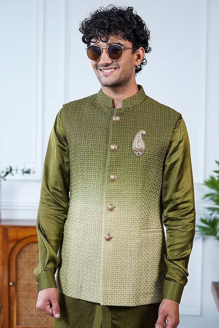 Green Ombre Silk Embroidered Bundi Jacket by Philocaly