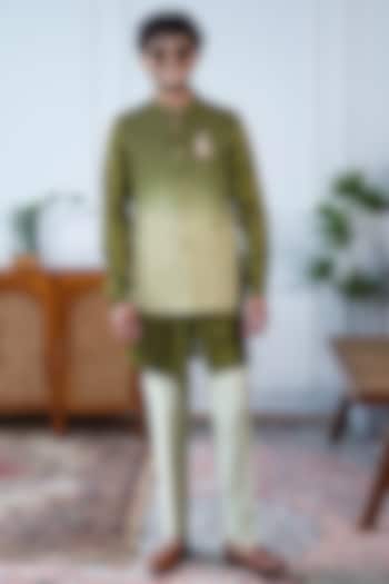 Green Ombre Silk Embroidered Bundi Jacket Set by Philocaly