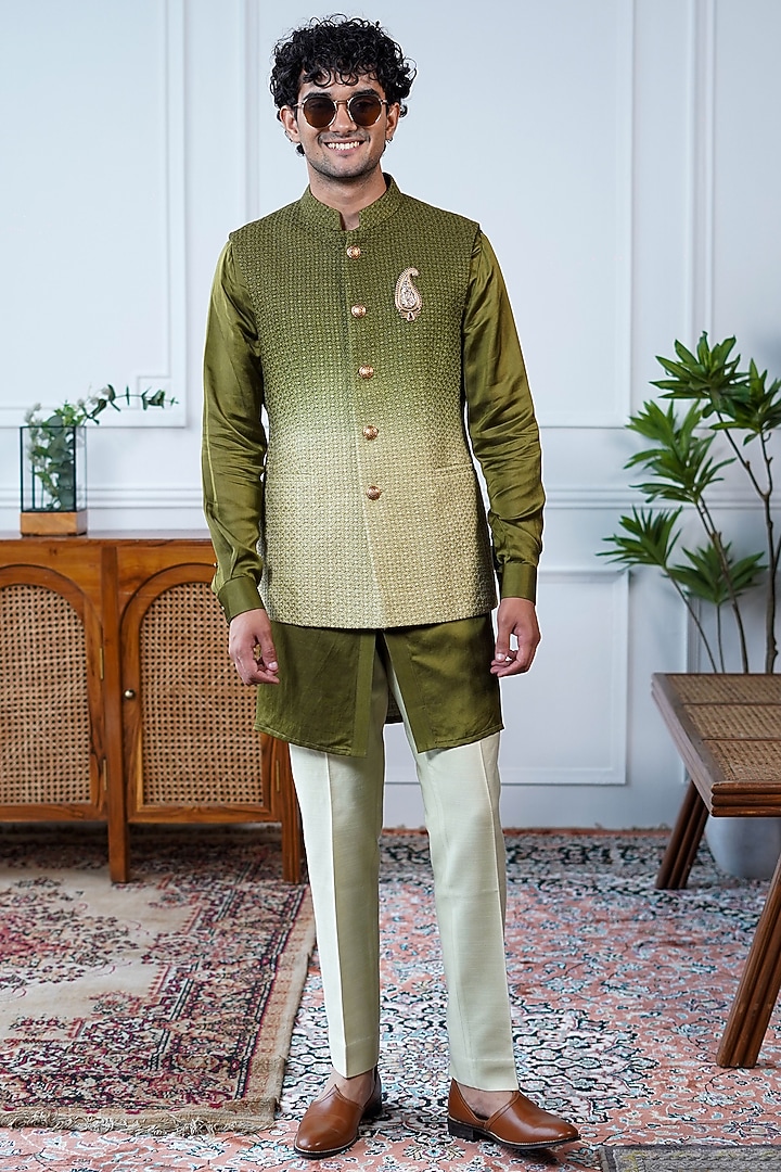 Green Ombre Silk Embroidered Bundi Jacket Set by Philocaly