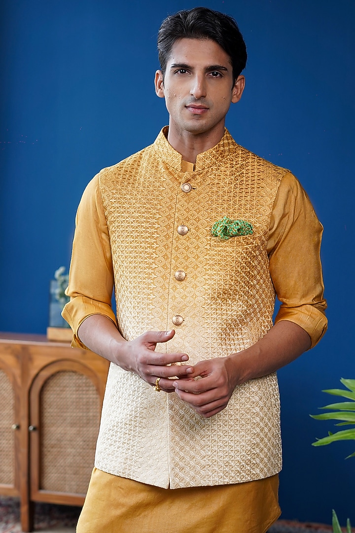 Mustard-White Ombre Silk Embroidered Bundi Jacket by Philocaly