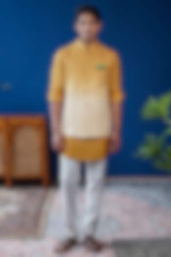 Mustard-White Ombre Silk Embroidered Bundi Jacket Set by Philocaly