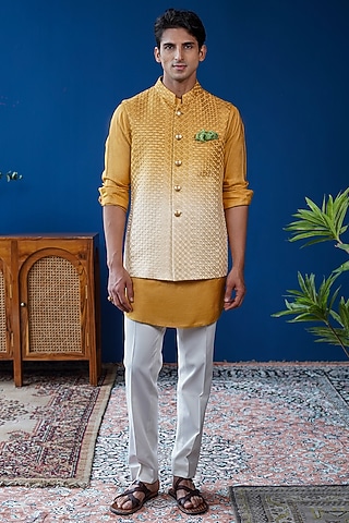 Mustard-White Ombre Silk Embroidered Bundi Jacket Set by Philocaly