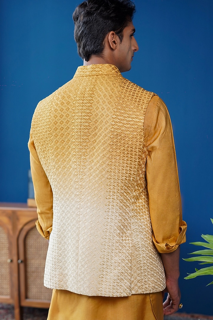 Mustard-White Ombre Silk Embroidered Bundi Jacket Set by Philocaly at Pernia's Pop Up Shop