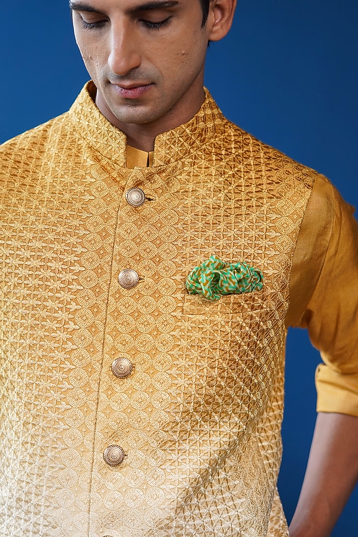 Mustard-White Ombre Silk Embroidered Bundi Jacket Set by Philocaly at Pernia's Pop Up Shop