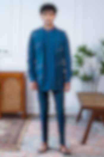 Blue Linen Thread Embroidered Bundi Jacket Set by Philocaly