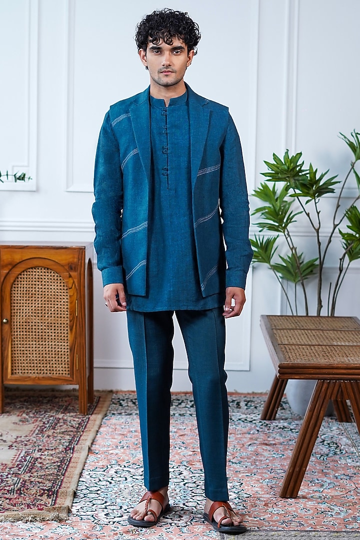 Blue Linen Thread Embroidered Bundi Jacket Set by Philocaly