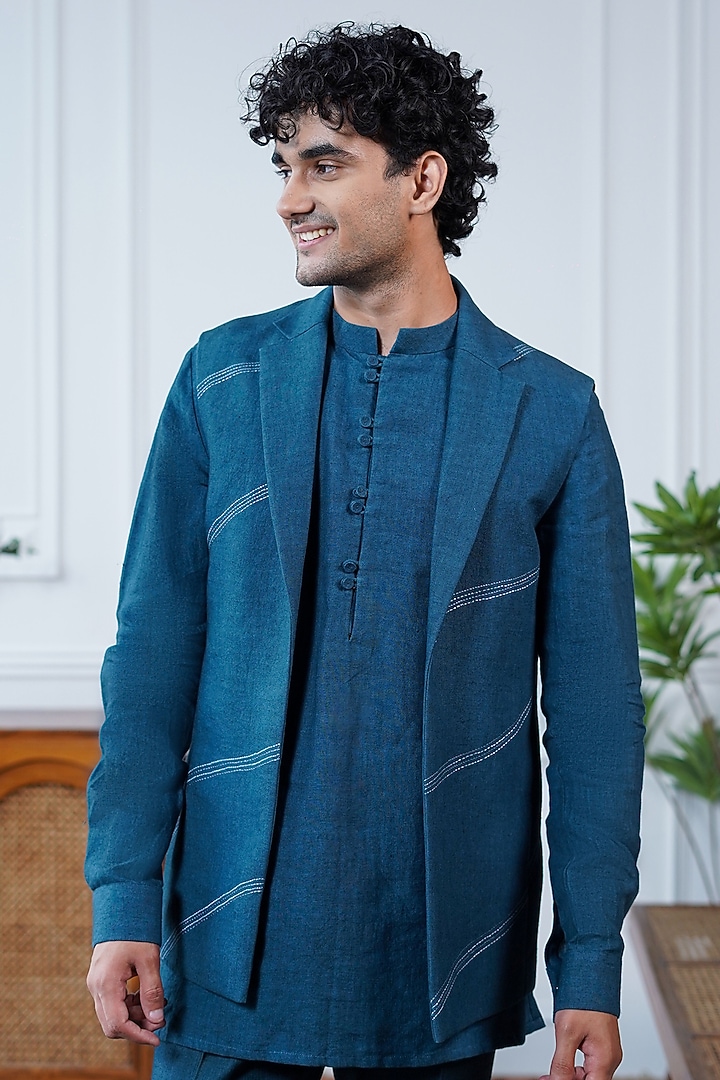 Blue Linen Thread Embroidered Bundi Jacket Set by Philocaly at Pernia's Pop Up Shop