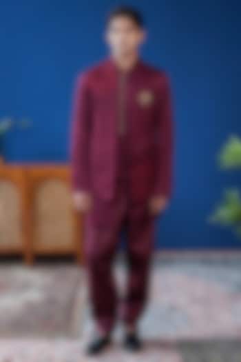 Wine Linen Satin Thread Embroidered Bundi Jacket Set by Philocaly at Pernia's Pop Up Shop