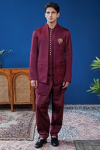 Wine Linen Satin Thread Embroidered Bundi Jacket Set by Philocaly