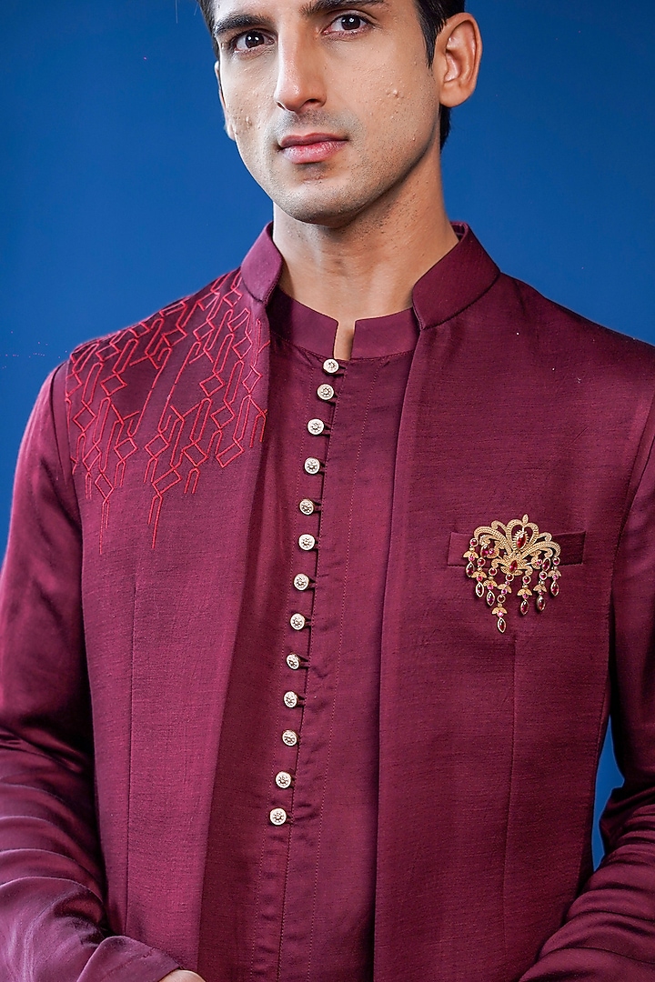 Wine Linen Satin Thread Embroidered Bundi Jacket Set by Philocaly at Pernia's Pop Up Shop