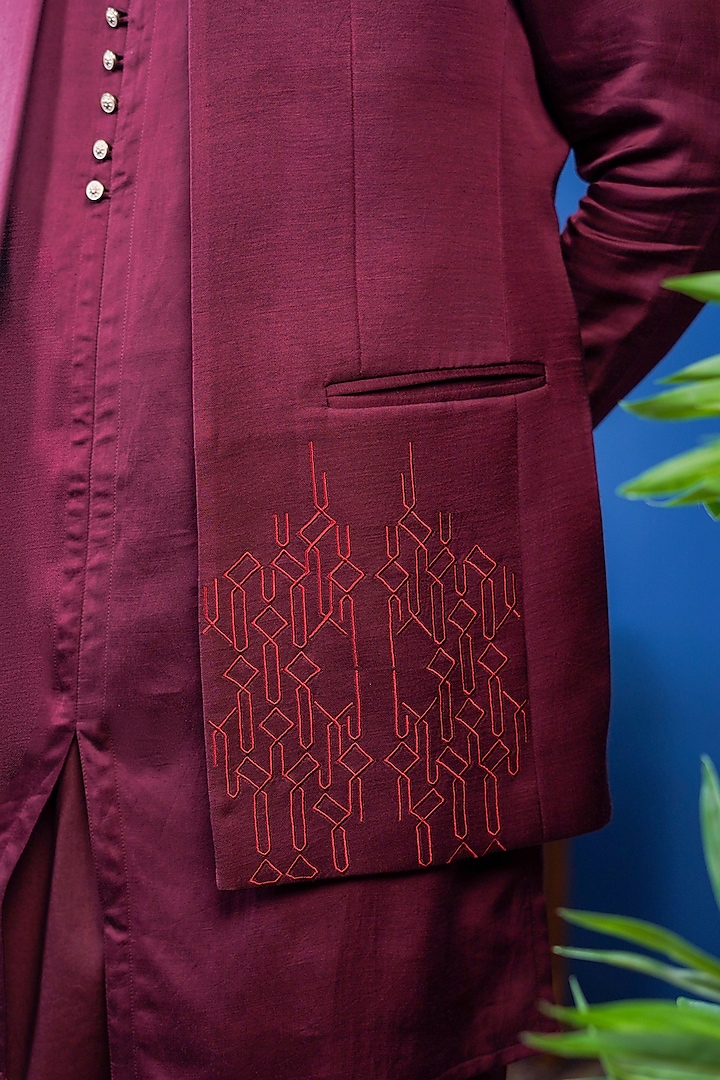 Wine Linen Satin Thread Embroidered Bundi Jacket Set by Philocaly at Pernia's Pop Up Shop
