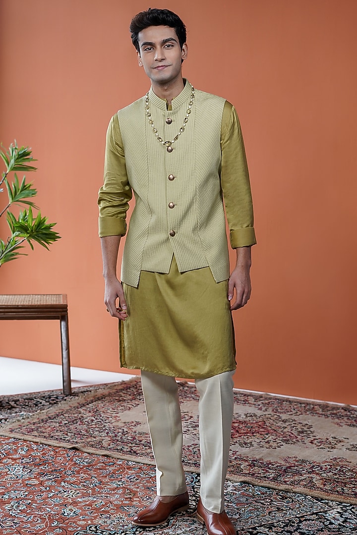 Olive Silk Blend Bundi Jacket Set by Philocaly