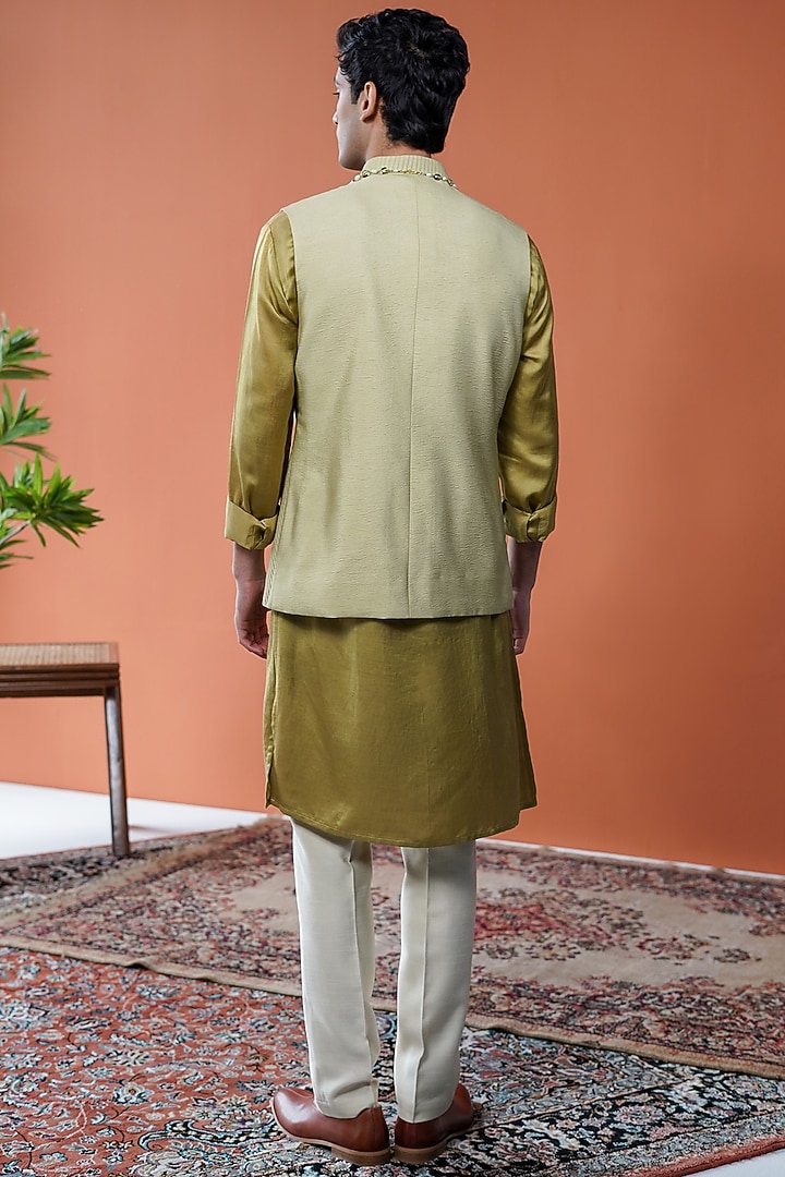 Olive Silk Blend Bundi Jacket Set by Philocaly at Pernia's Pop Up Shop