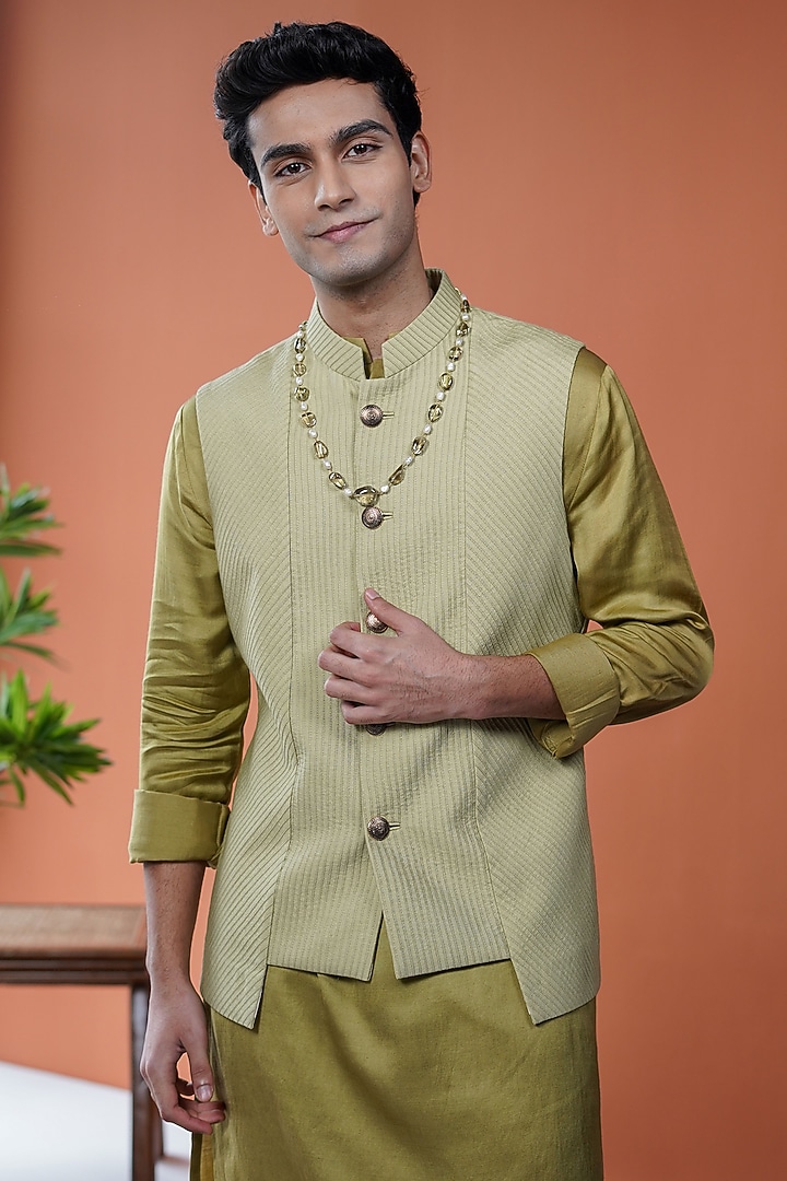 Olive Silk Blend Bundi Jacket Set by Philocaly at Pernia's Pop Up Shop