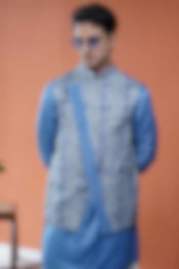 Blue Linen Satin Printed Asymmetric Bundi Jacket by Philocaly