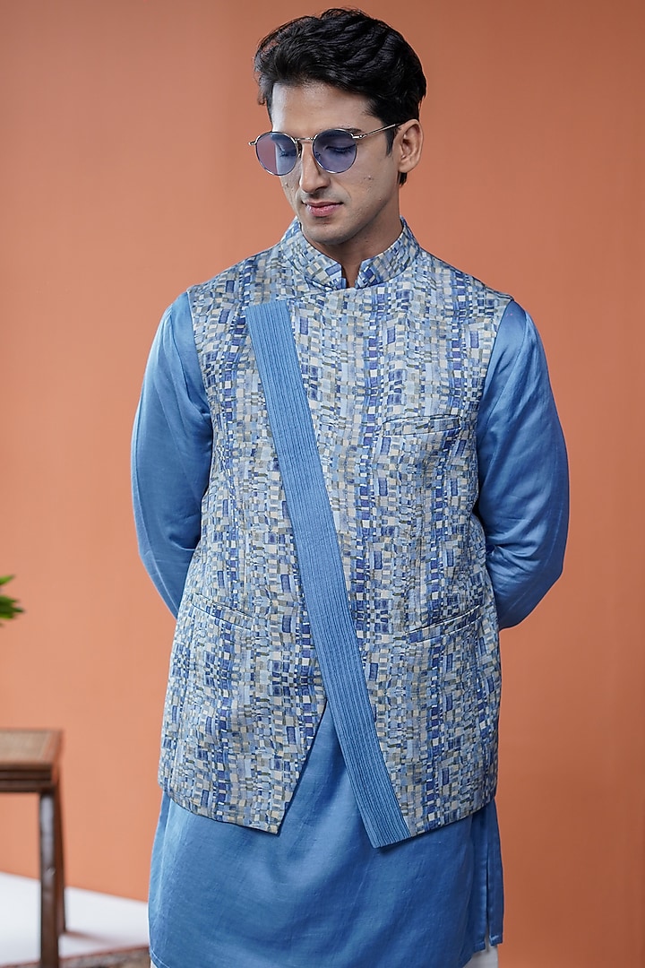 Blue Linen Satin Printed Asymmetric Bundi Jacket by Philocaly