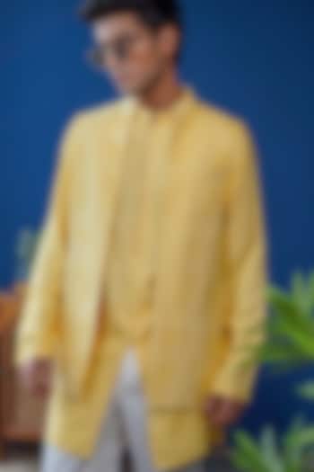 Yellow Cotton Silk Thread Embroidered Bundi Jacket by Philocaly