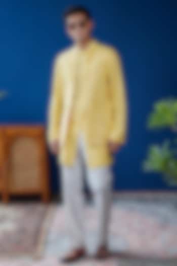 Yellow Cotton Silk Thread Embroidered Bundi Jacket Set by Philocaly