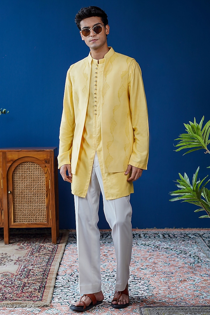 Yellow Cotton Silk Thread Embroidered Bundi Jacket Set by Philocaly