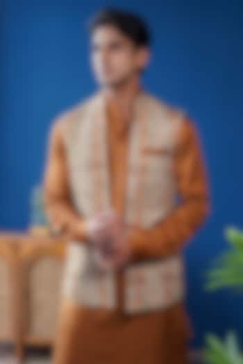 Tan Brown Linen Satin Printed Front-Open Bundi Jacket by Philocaly